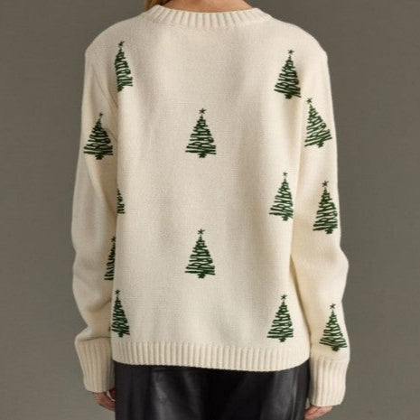 Beige sweater with green tree patterns on a gray background