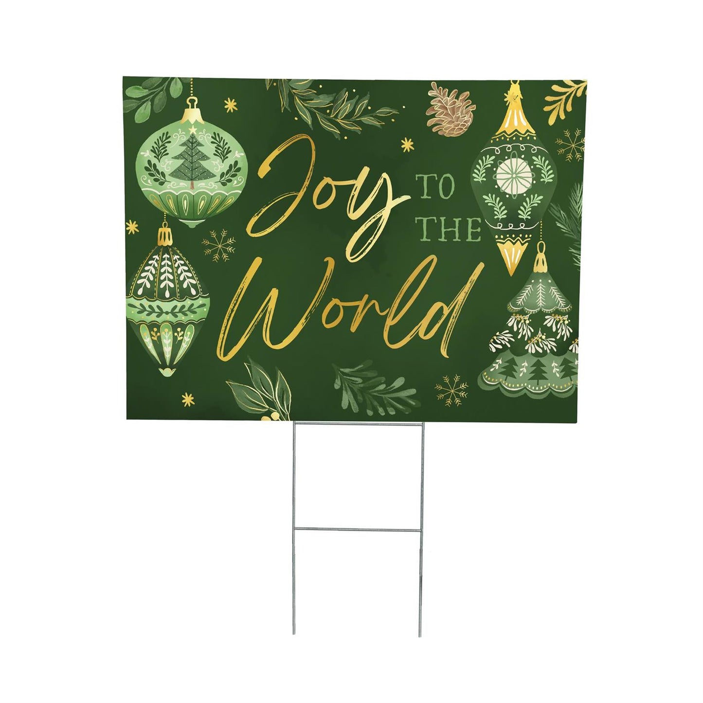 Christmas-themed sign with 'Joy to the World' text and festive decorations on a green background.