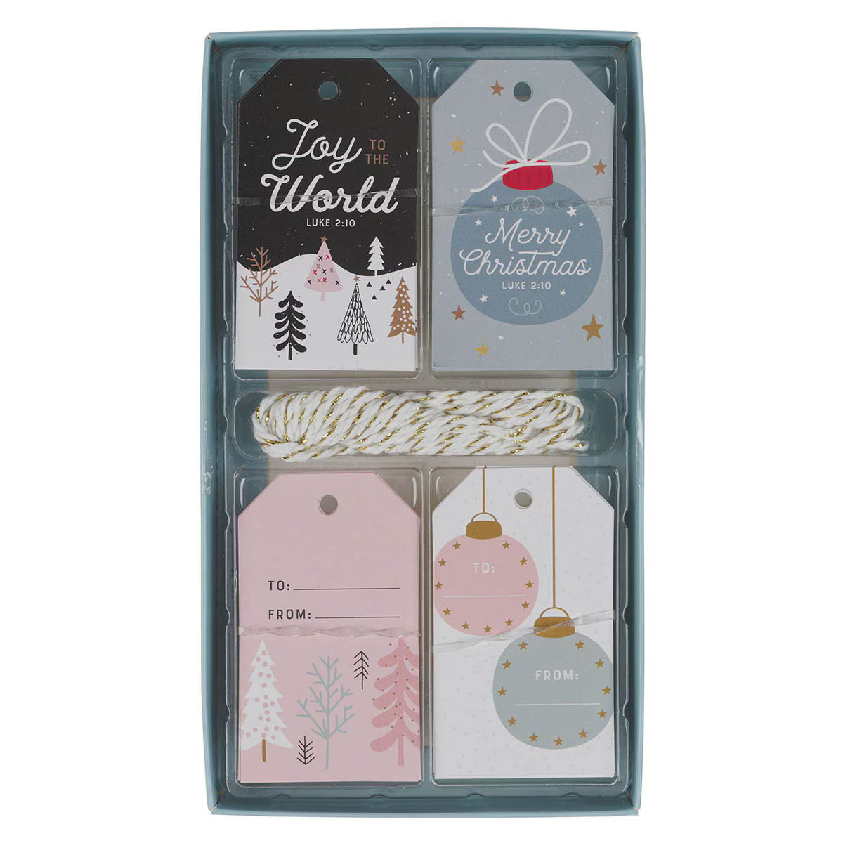 Packaged Christmas gift tags with decorative ribbons on a white background
