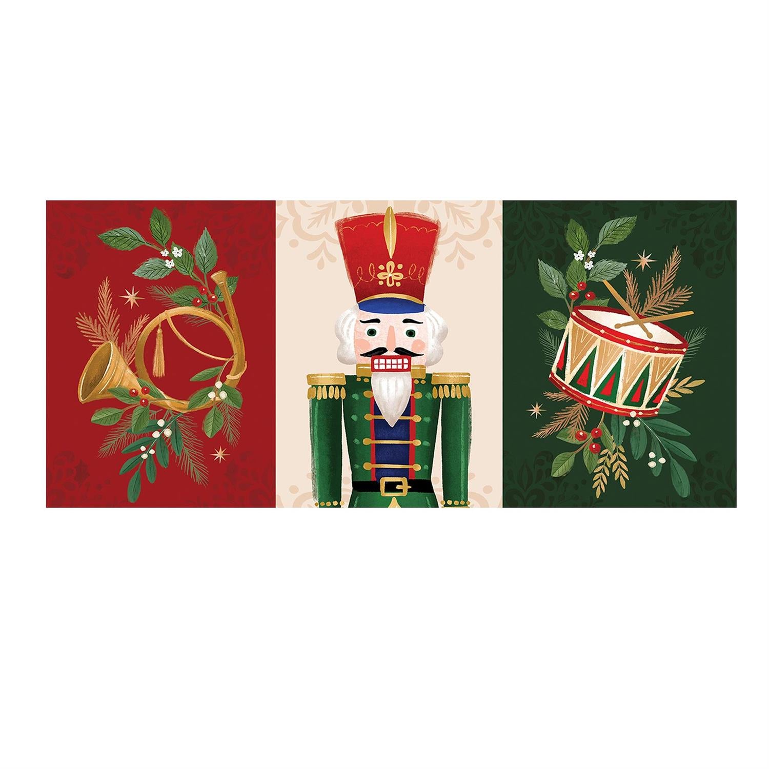 Christmas-themed door mat featuring a horn, nutcracker, and drum on a white background.
