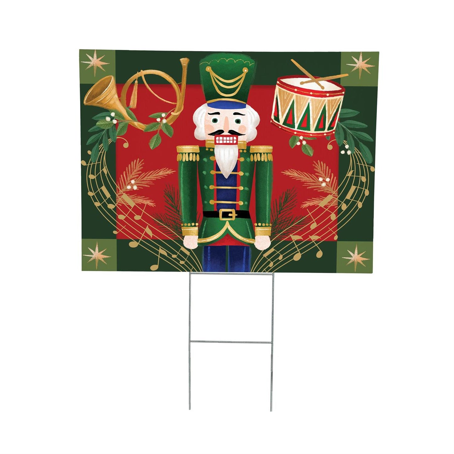 Decorative Christmas sign with a nutcracker design on a green background