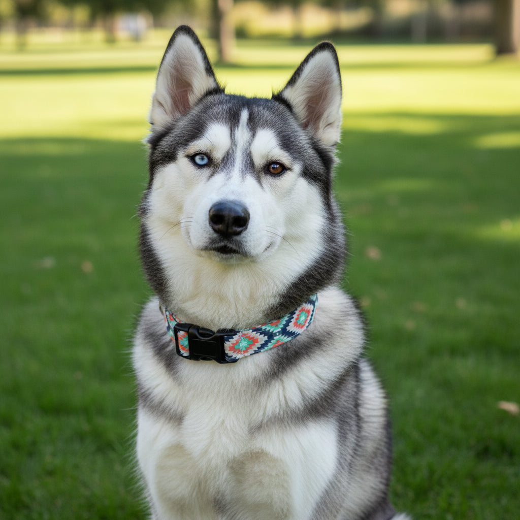 Dog collar with geometric aztec pattern featured on a on a husky sitting in a grass yard