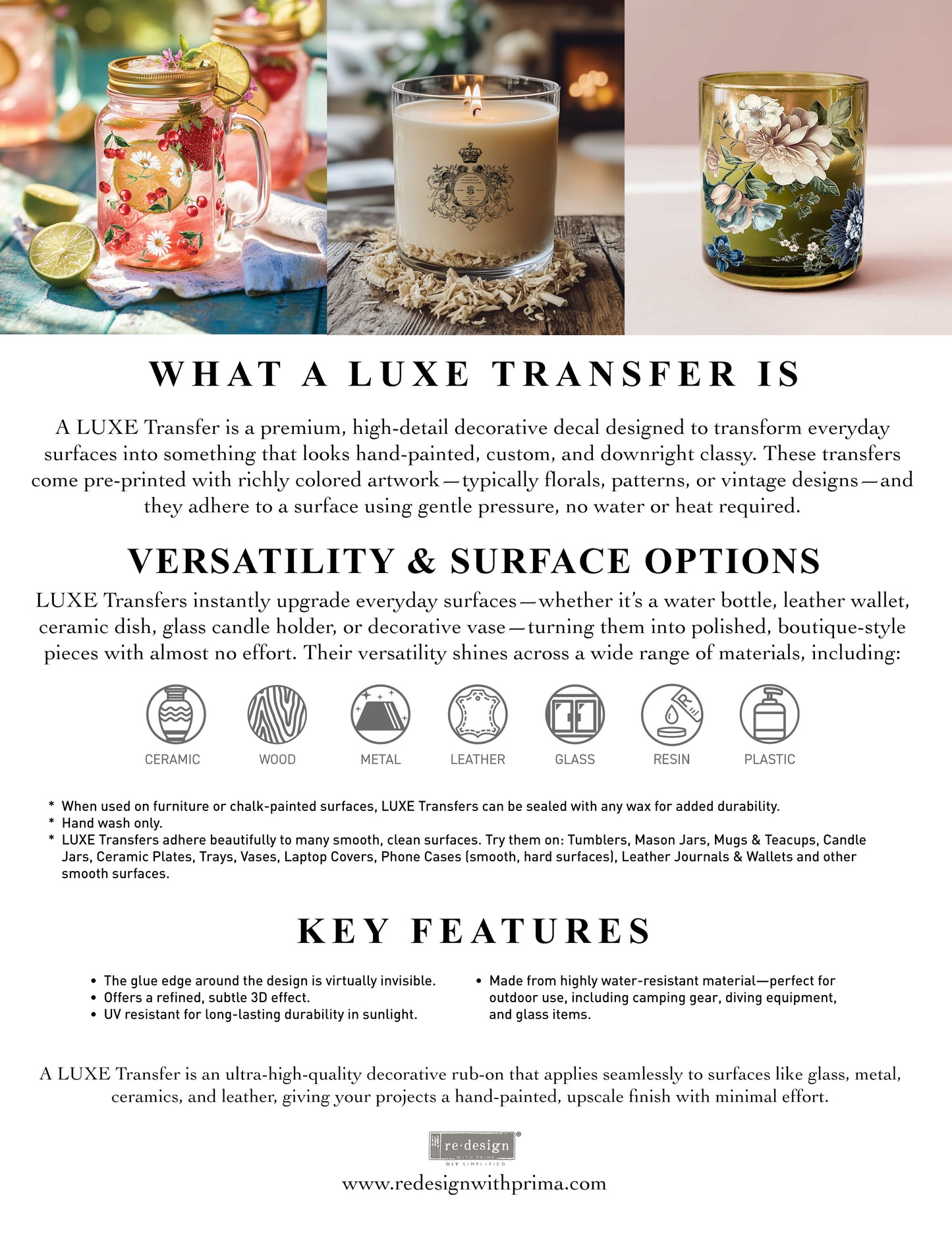 Luxe transfers explanation with images of decorated items and text about the product.