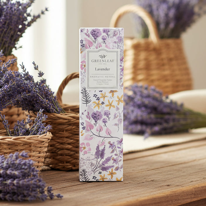 Greenleaf Lavender slim sachet on a farmhouse table surrounded by baskets of lavender.