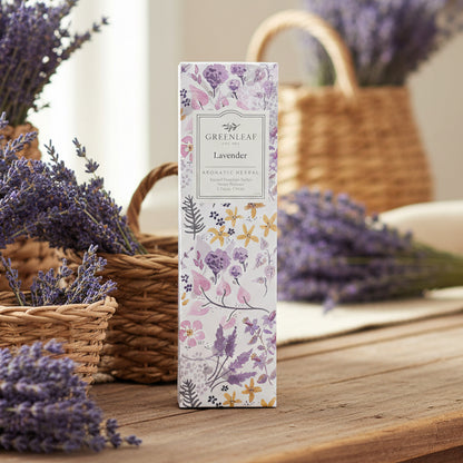 Greenleaf Lavender slim sachet on a farmhouse table surrounded by baskets of lavender.