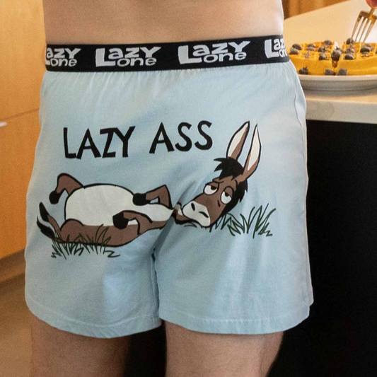 Person wearing light blue boxer briefs with a donkey graphic and 'Lazy Ass' text, brand 'Lazy One' visible.