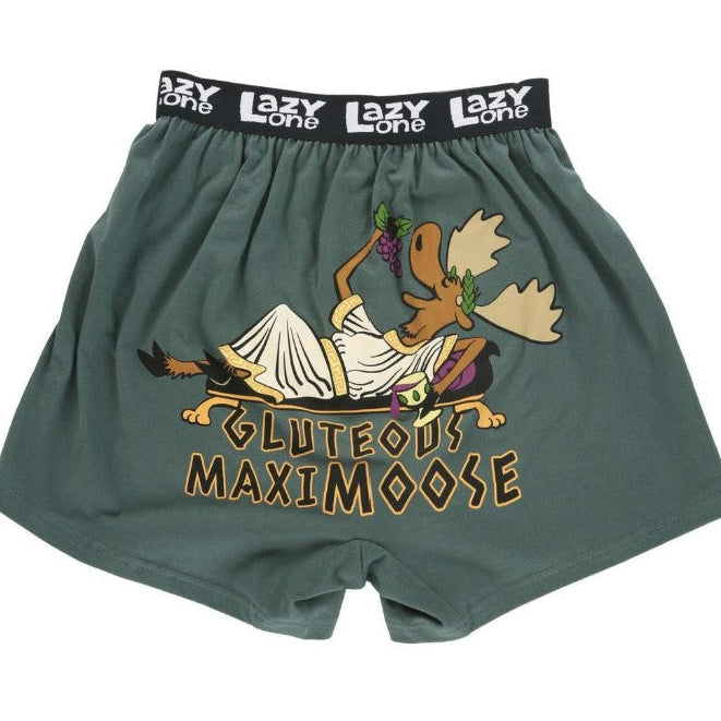 Green boxer shorts with a cartoon moose design and text on a white background