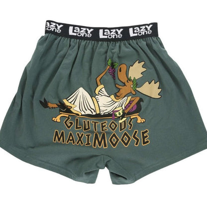 Green boxer shorts with a cartoon moose design and text on a white background