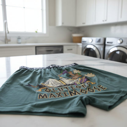 Green boxer shorts with a cartoon moose design and text - on a laundry room counter