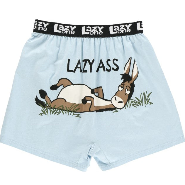 Light blue boxer shorts with a cartoon donkey and 'Lazy Ass' text, featuring the brand 'Lazy One' on a white background