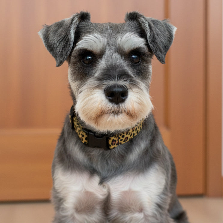 Leopard dog collar with a black buckle on a miniature schnauzer
