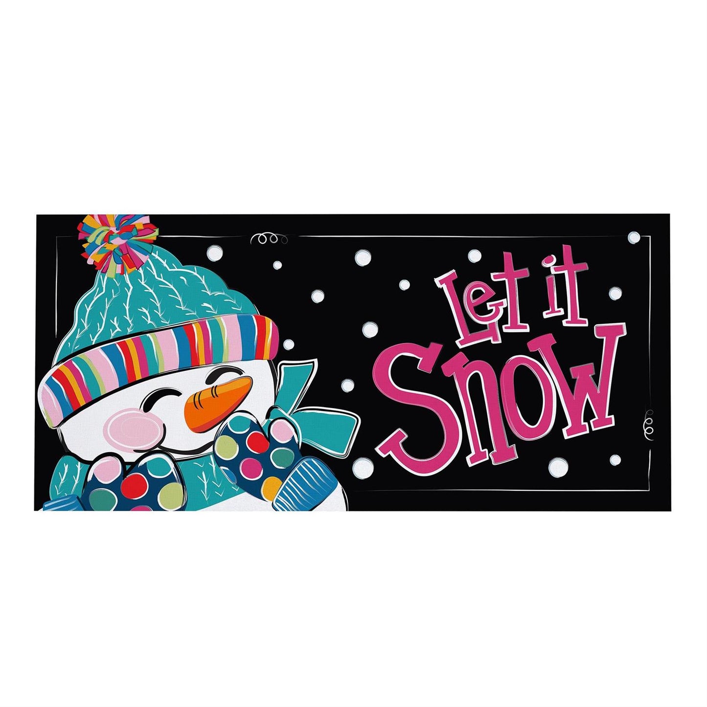 Colorful snowman door mat with 'Let it Snow' text on a black background