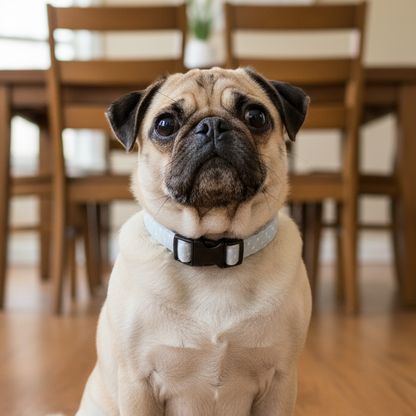 Light blue polka dot dog collar with black straps on a pug