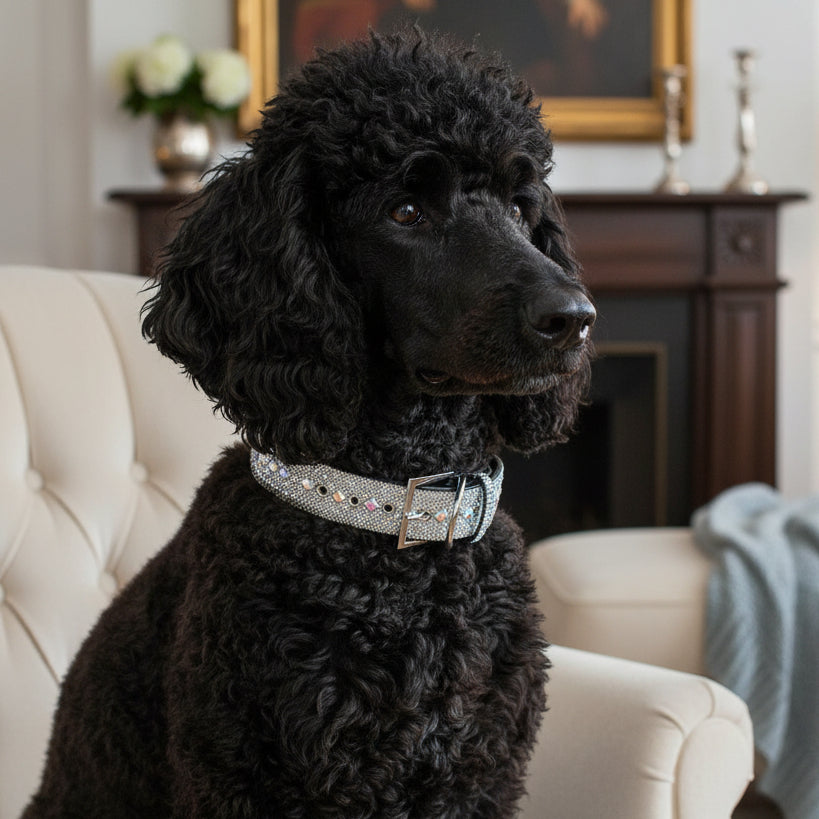 Rhinestone dog collar on a black poodle