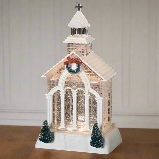 Church with Pine Trees Lighted Swirl Lantern
