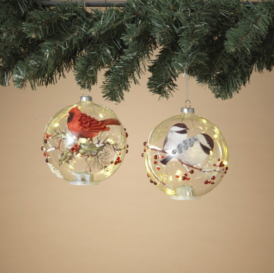 Two glass Christmas ornaments with bird illustrations hanging from a tree.