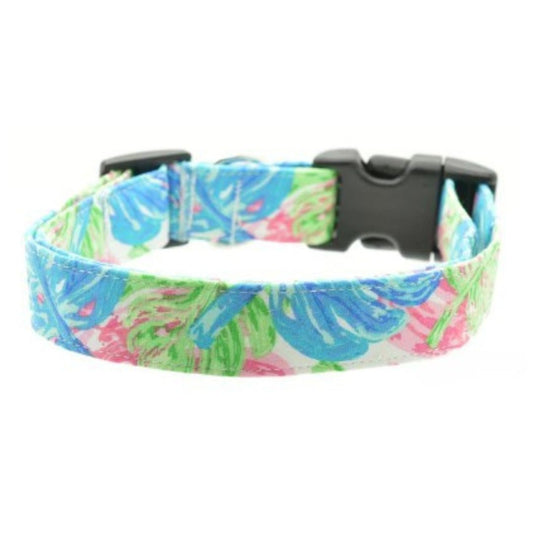 Colorful patterned dog collar with a black buckle on a white background