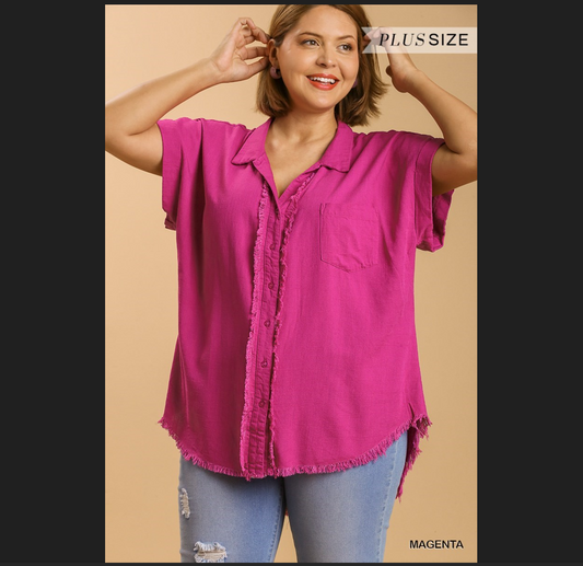 Umgee Collared Linen Shirt in Hot Pink - Plus Size