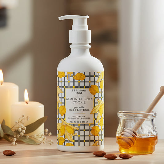 Lotion bottle with a checkered design and yellow flowers