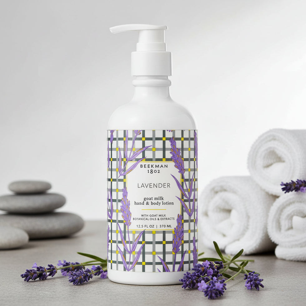 Lavender hand and body lotion bottle with a patterned label
