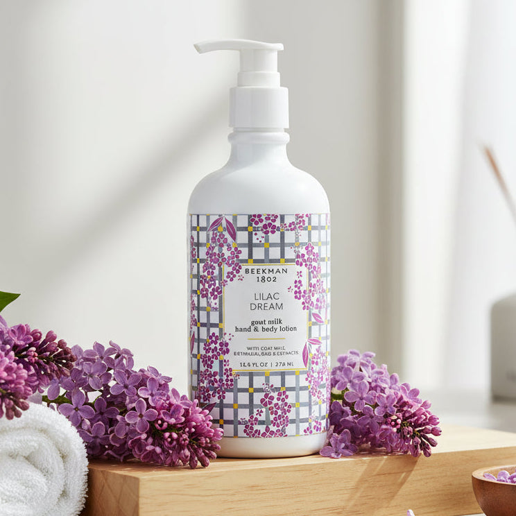 Lotion bottle with floral design label