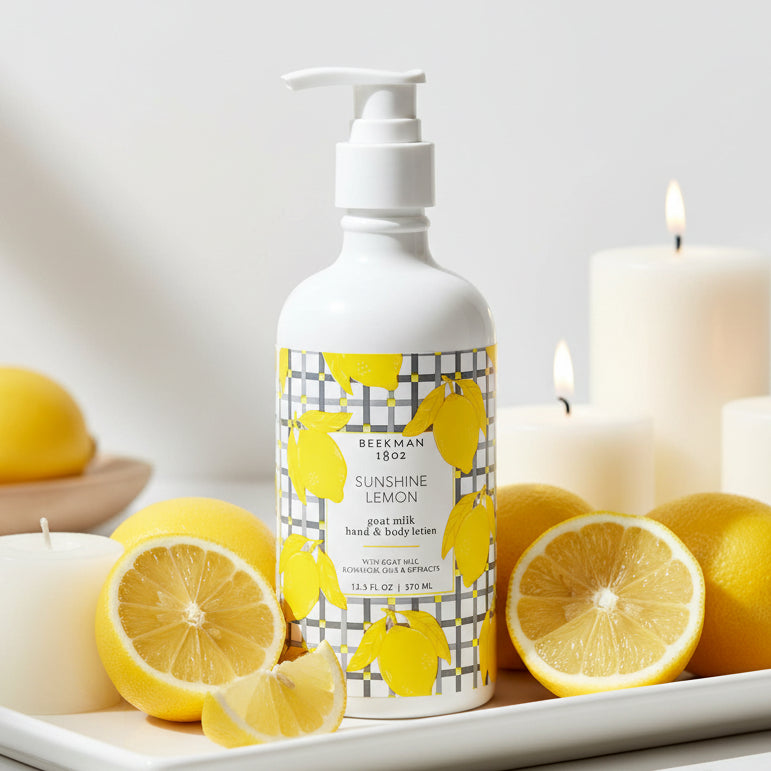Bottle of Beekman 1802 Sunshine Lemon hand and body lotion