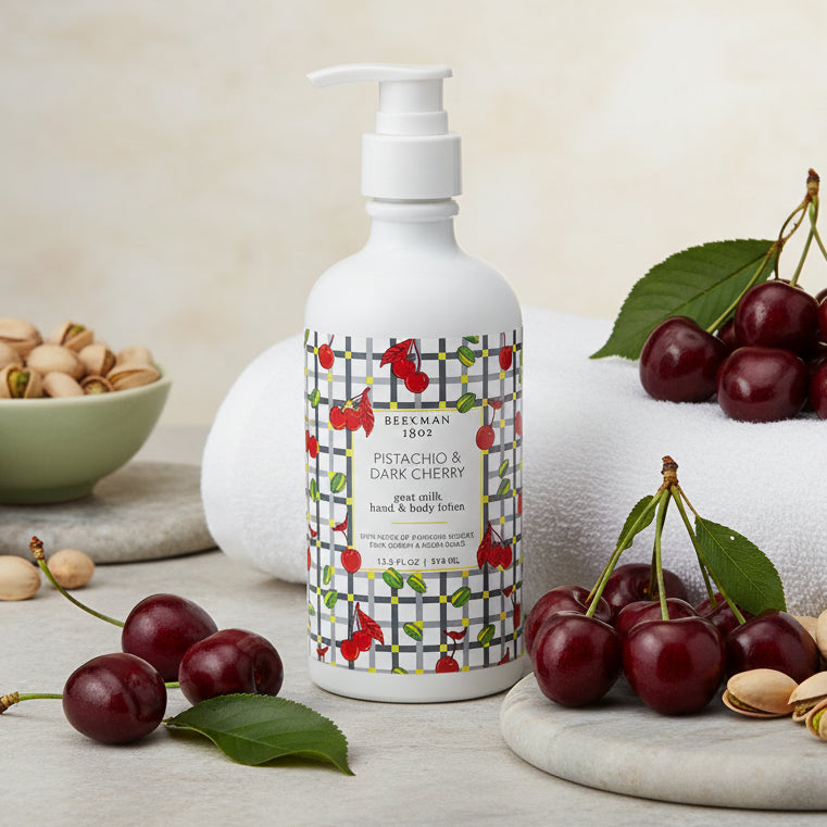 Bottle of BEEKMAN 1802 Pistachio & Dark Cherry hand and body lotion