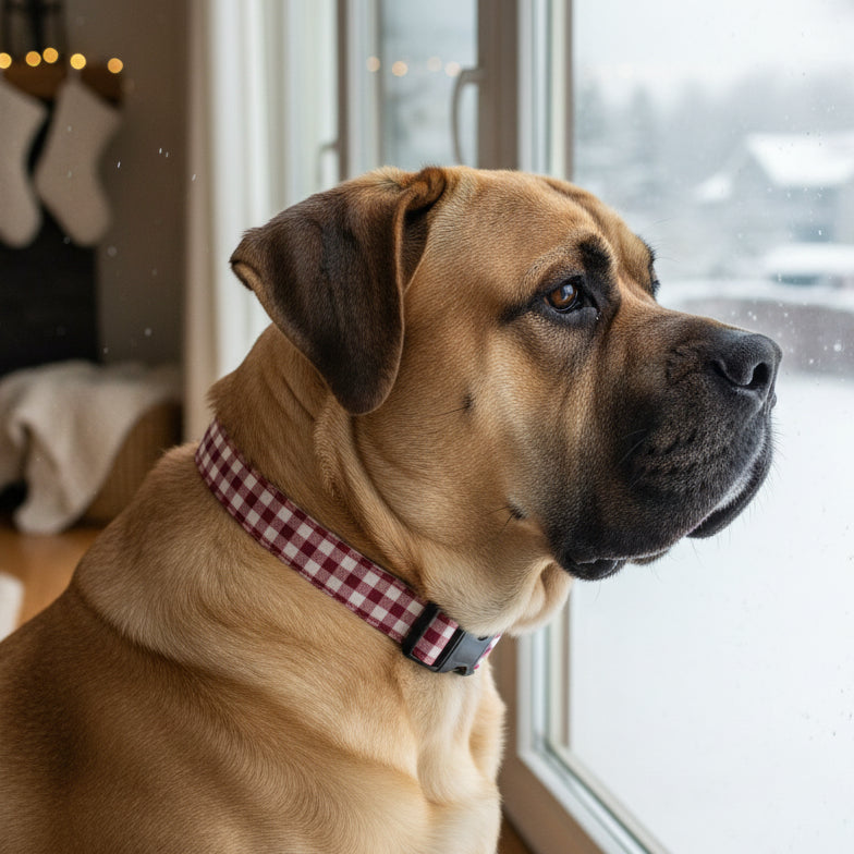 maroon gingham dog collar with a black buckle on a mastiff