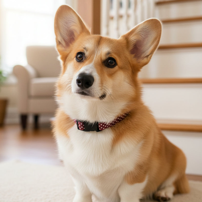 Maroon polka dot dog collar with a black buckle on a corgi sitting in a home by a staircase