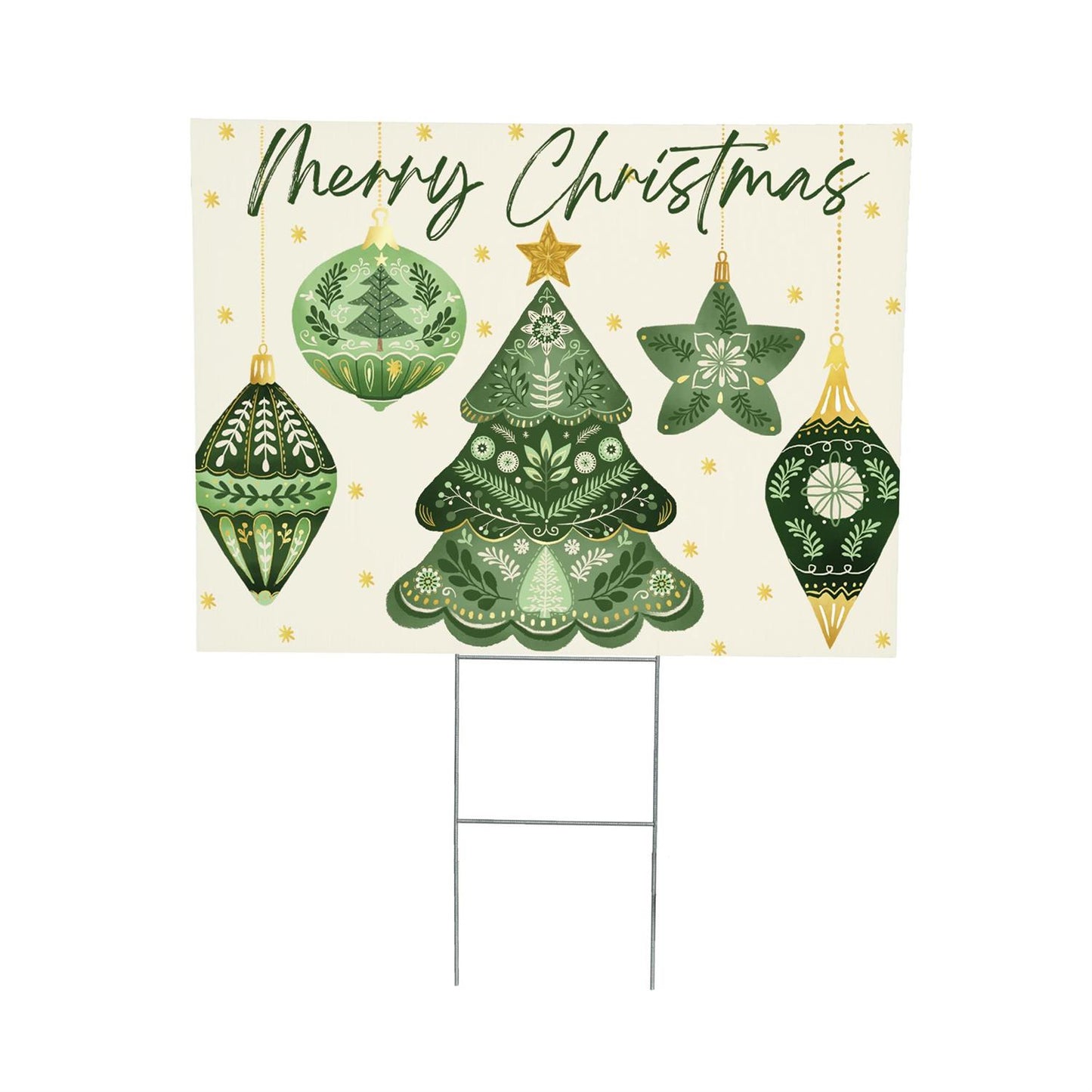 Decorative Christmas sign with green trees, ornaments, and stars on a white background.