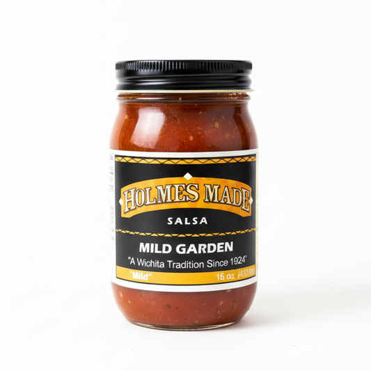 A jar of Holmes Made Salsa labeled Mild Garden with a black and yellow label, indicating it is a tradition since 1924.