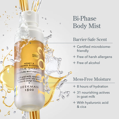 Bottle of Beeckman 1802 Honey & Orange Blossom Milk Shake Moisture Mist with product details on a light gray background