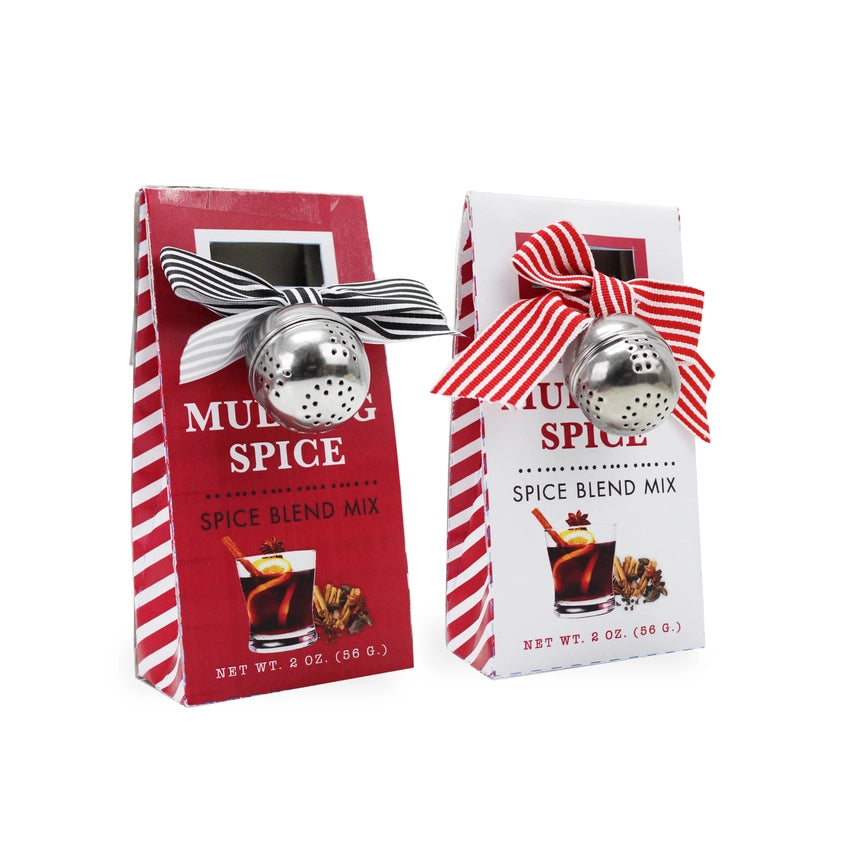 Two boxes of mulled spice spice blend mix with decorative ribbons on a white background.