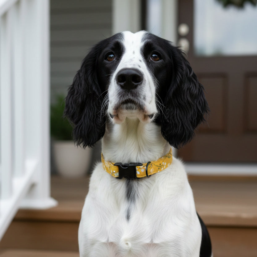Yellow floral-patterned dog collar with a black buckle on a black and white spaniel sitting in front of a home