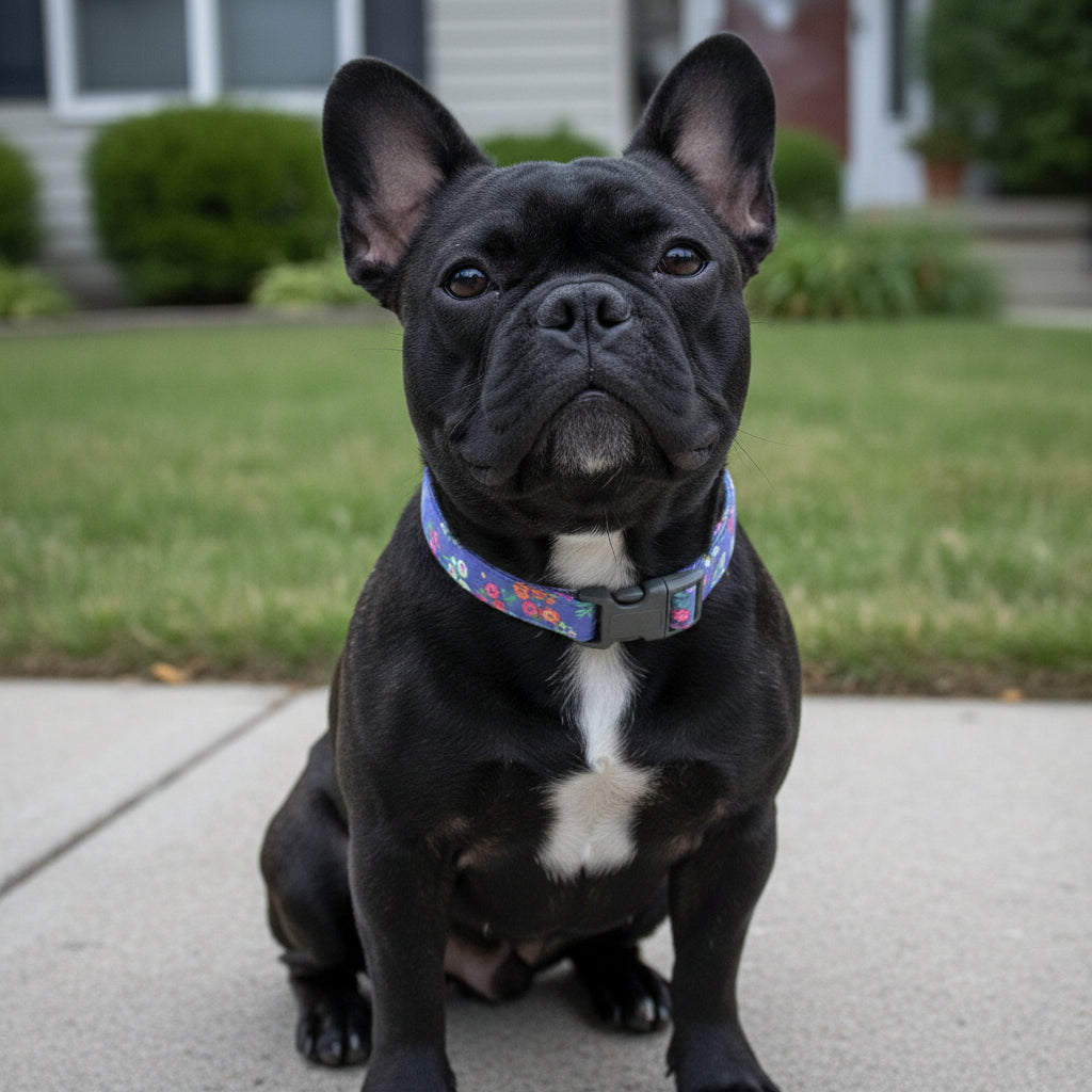 Navy Floral-patterned dog collar on a wooden table with a blurred background