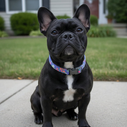 Navy Floral-patterned dog collar on a wooden table with a blurred background