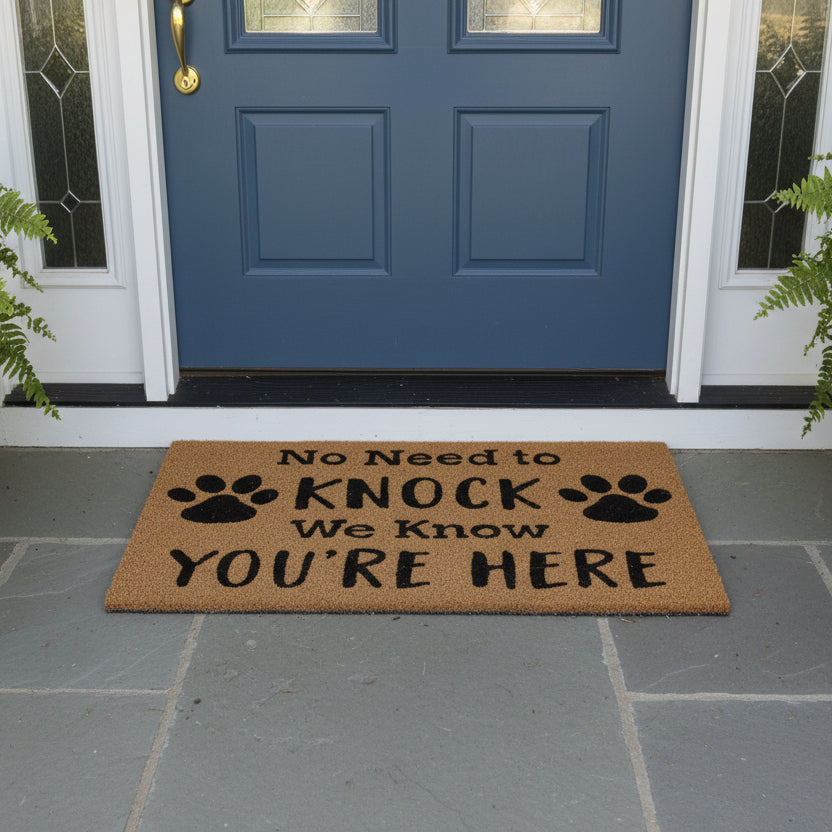 Doormat with text 'No Need to Knock We Know You're Here' and paw prints in front of a blue door.
