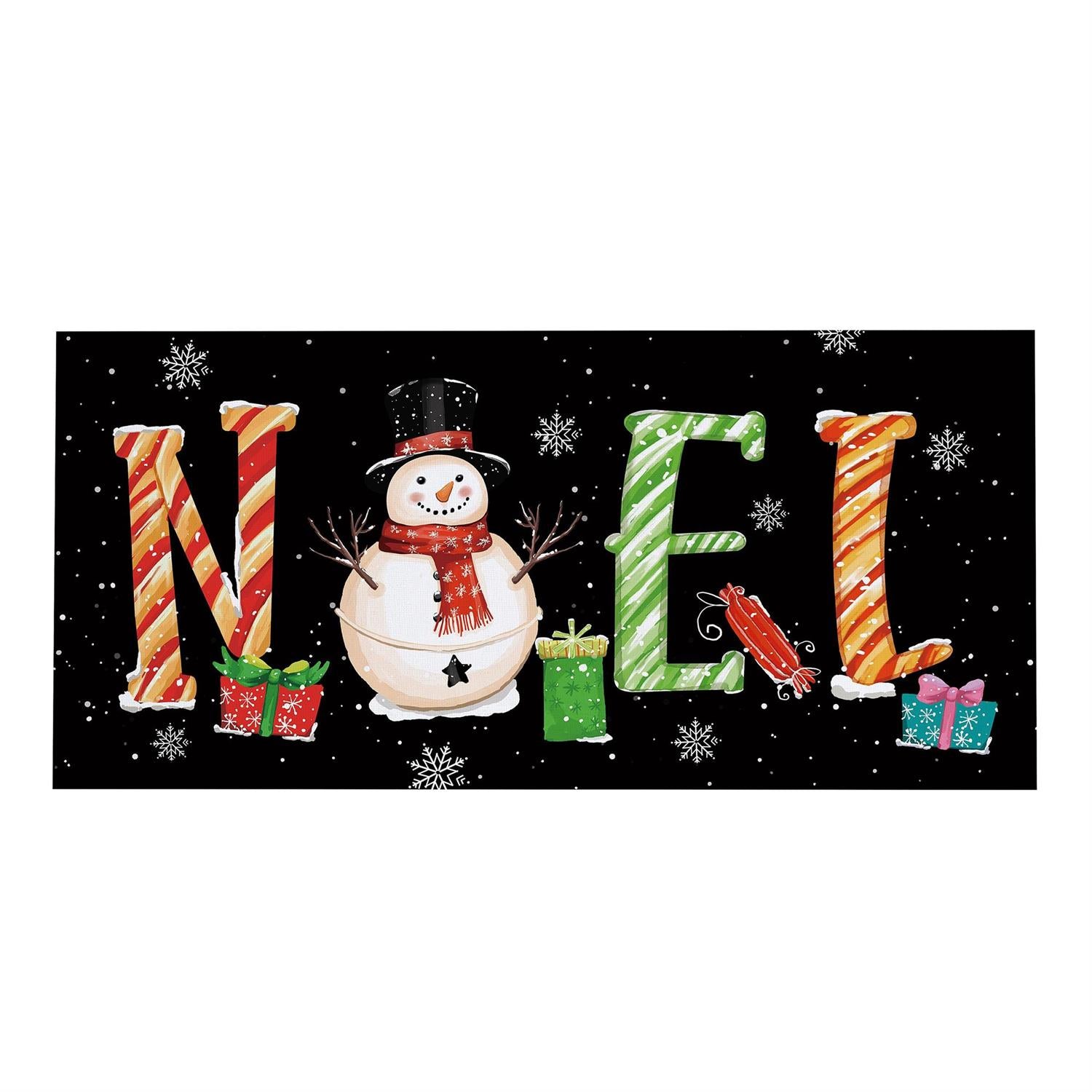 Decorative sign with 'NOEL' letters and a snowman design on a black background.