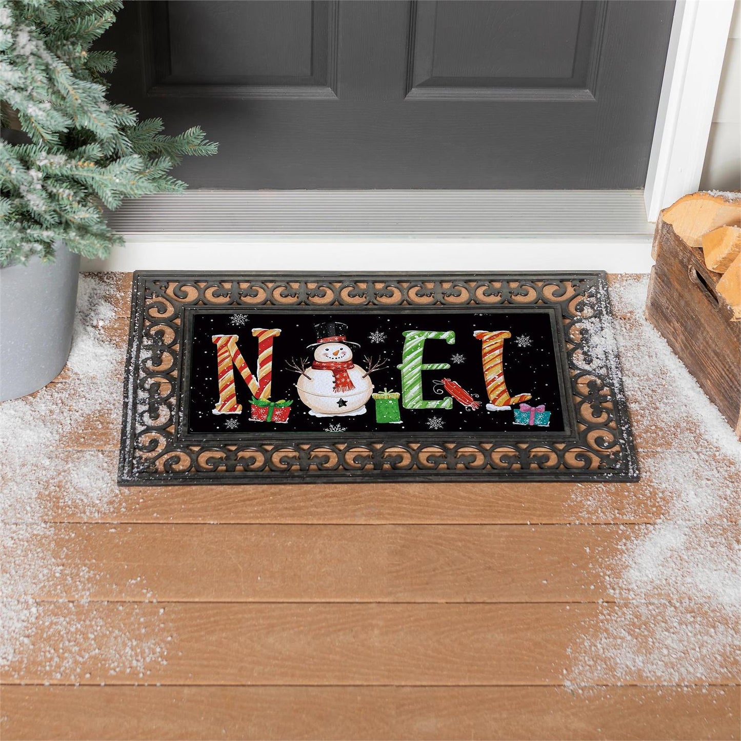 Christmas-themed doormat with 'NOEL' and snowman design on a wooden floor.