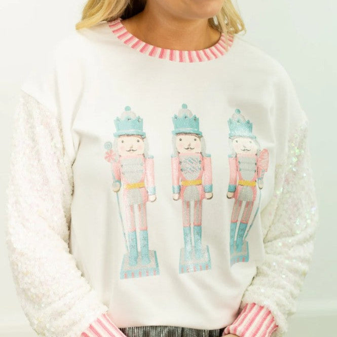 Glitter Nutcrackers on White Top with Sequin Sleeves