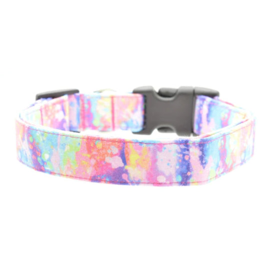 Colorful dog collar with a black buckle featured on a white background