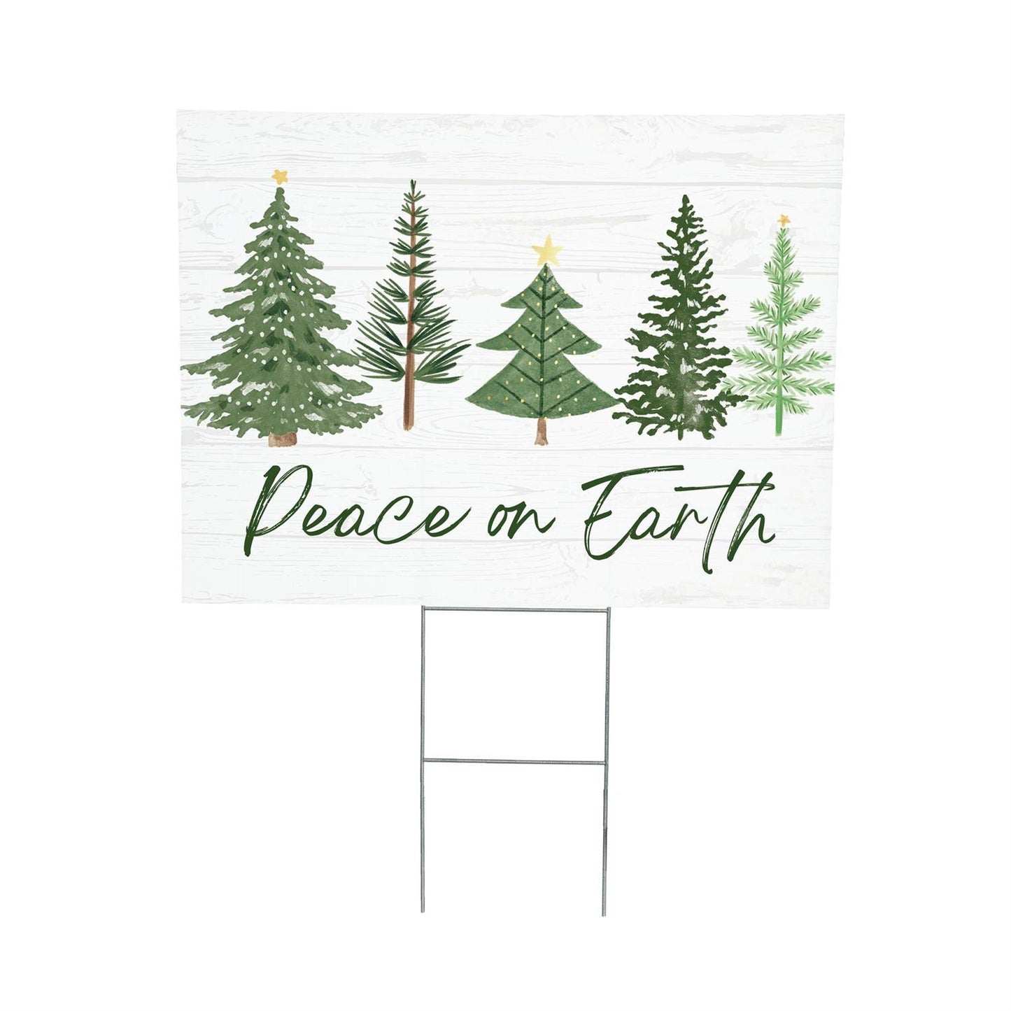 Decorative yard sign with Christmas trees and 'Peace on Earth' text on a white background