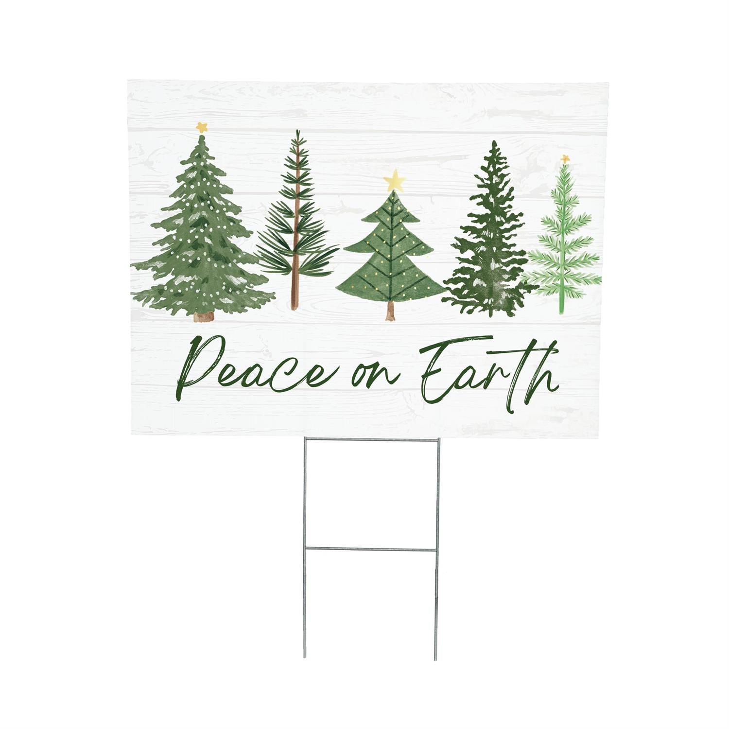 Decorative yard sign with Christmas trees and 'Peace on Earth' text on a white background