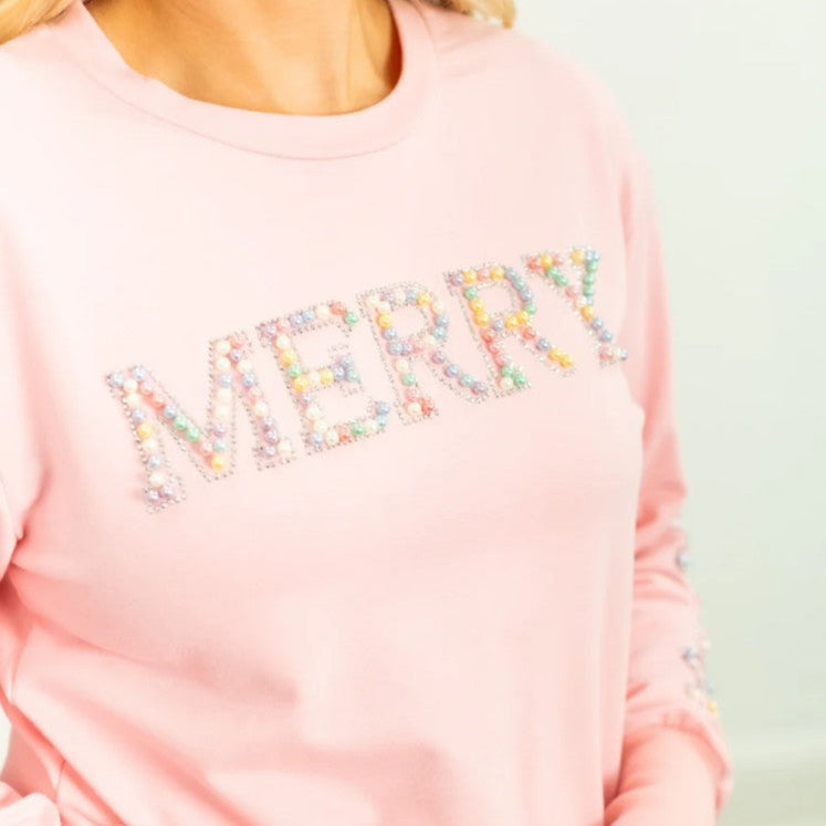 Pearly "Merry" on Pink Sweatshirt
