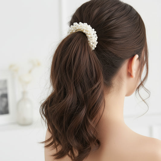 Pearl hair scrunchie in a ponytail