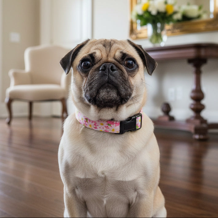 pink daisy dog collar on a pug
