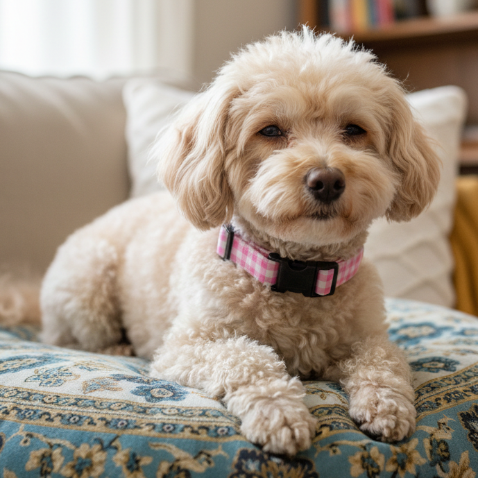 Pink gingham dog collar with a black buckle on a toy poodle