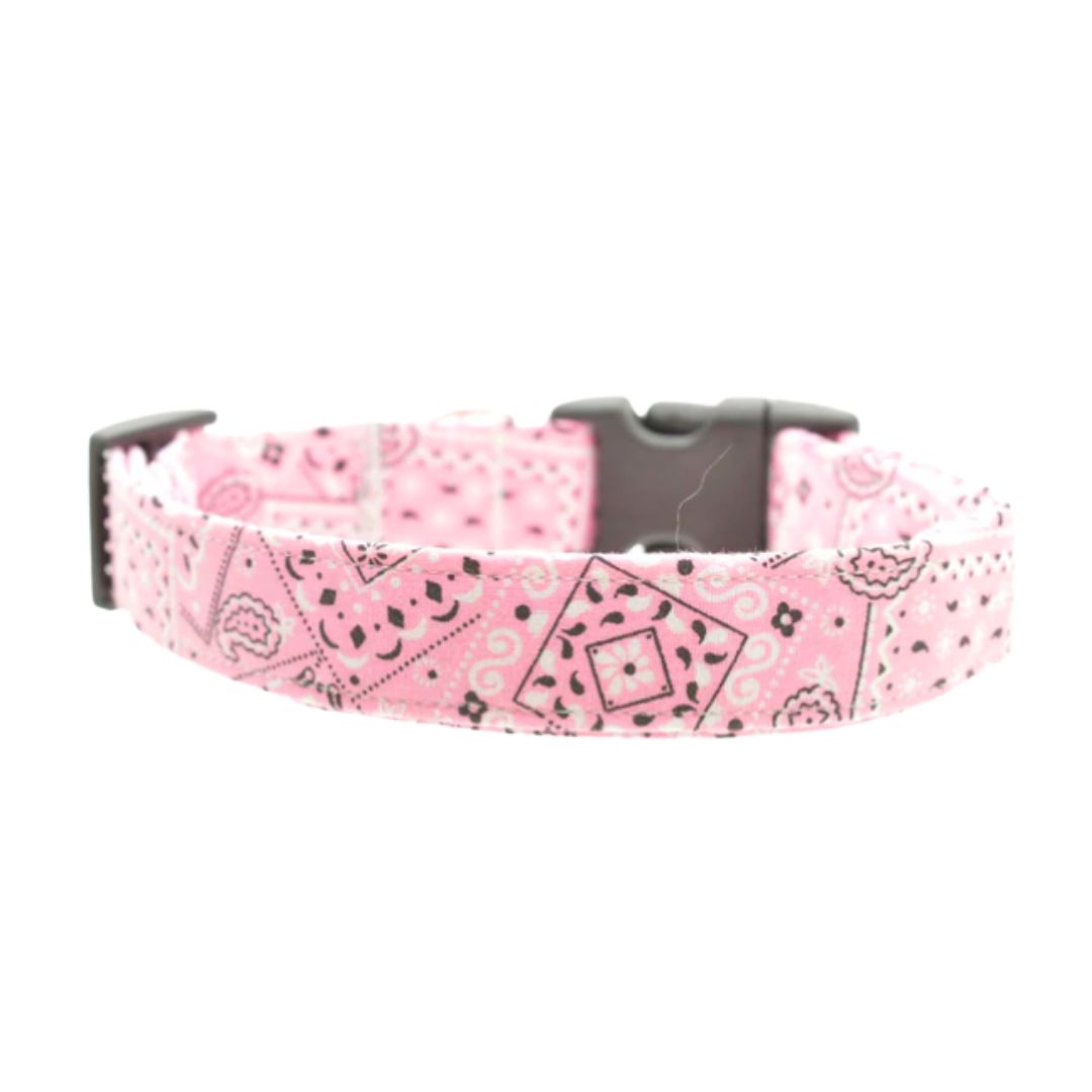 Pink bandana patterned dog collar with a black buckle on a white background