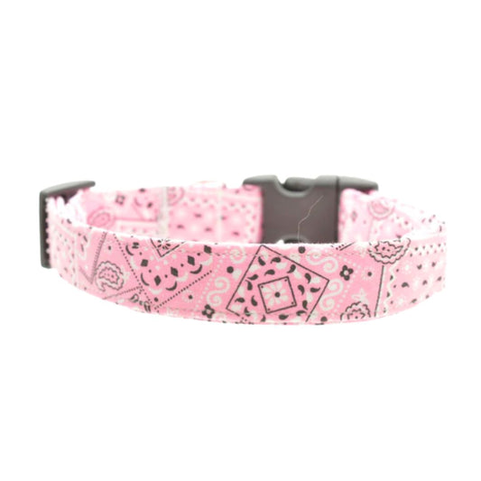 Pink bandana patterned dog collar with a black buckle on a white background