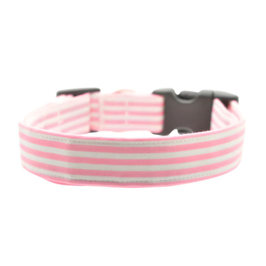 Pink and white striped dog collar with a black buckle on a white background
